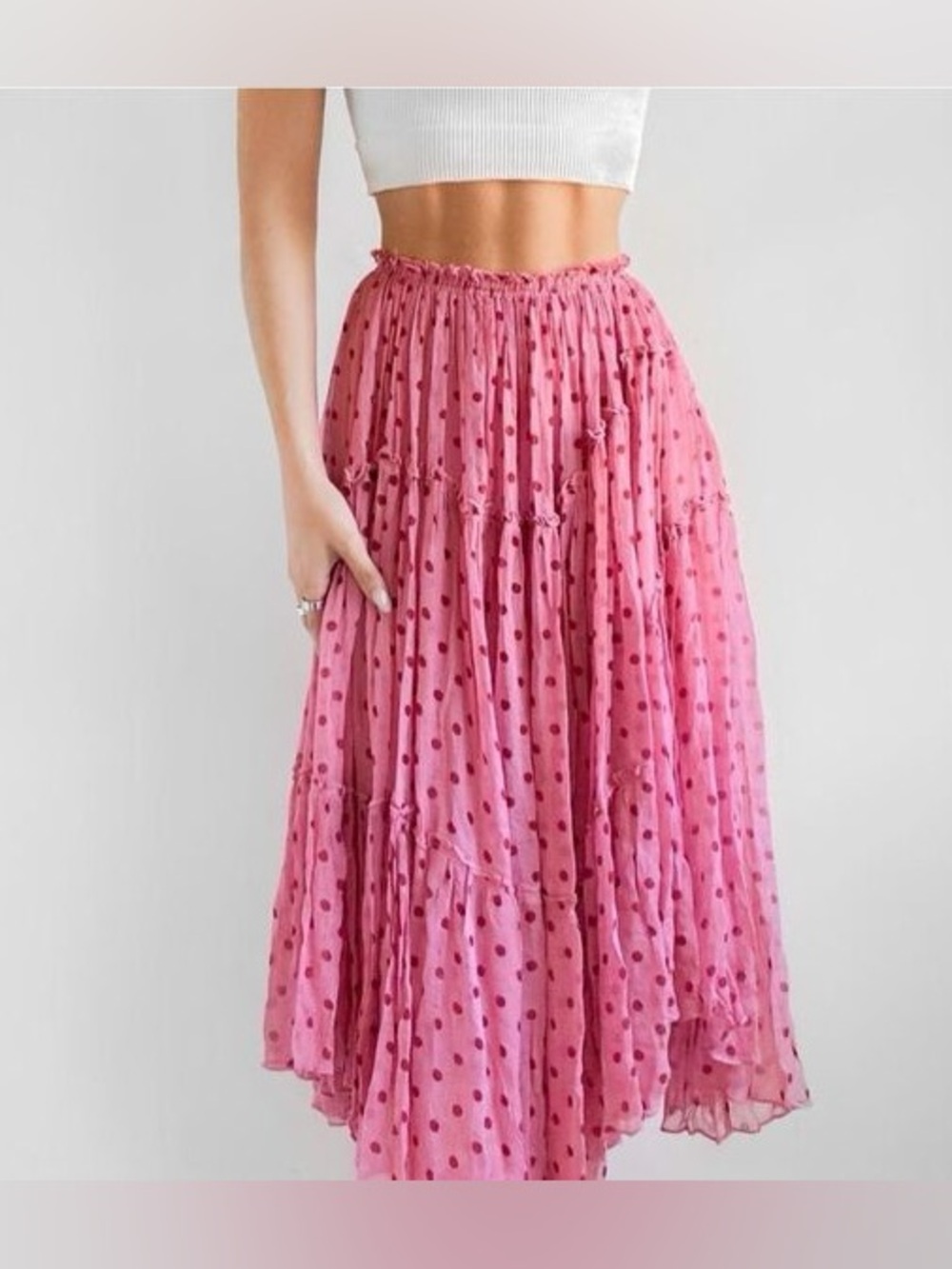 Nwot FPone Pink Polka Dot Tiered Maxi Skirt - Flowy Boho Style